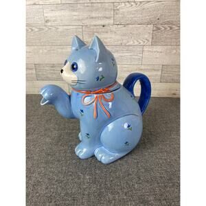 Vintage Otagiri CAT TEAPOT KITTY Blue Red Bow Japan Figural Collectible